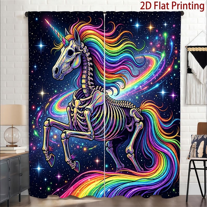 2Pcs Gothic Unicorn Skull Print Blackout Curtains 39 37x82 68in For Living Room Bedroom Room Privacy Window Panels With Rod Pocket Installation Light Filtering Drapes Modern Home Decor - Image 1