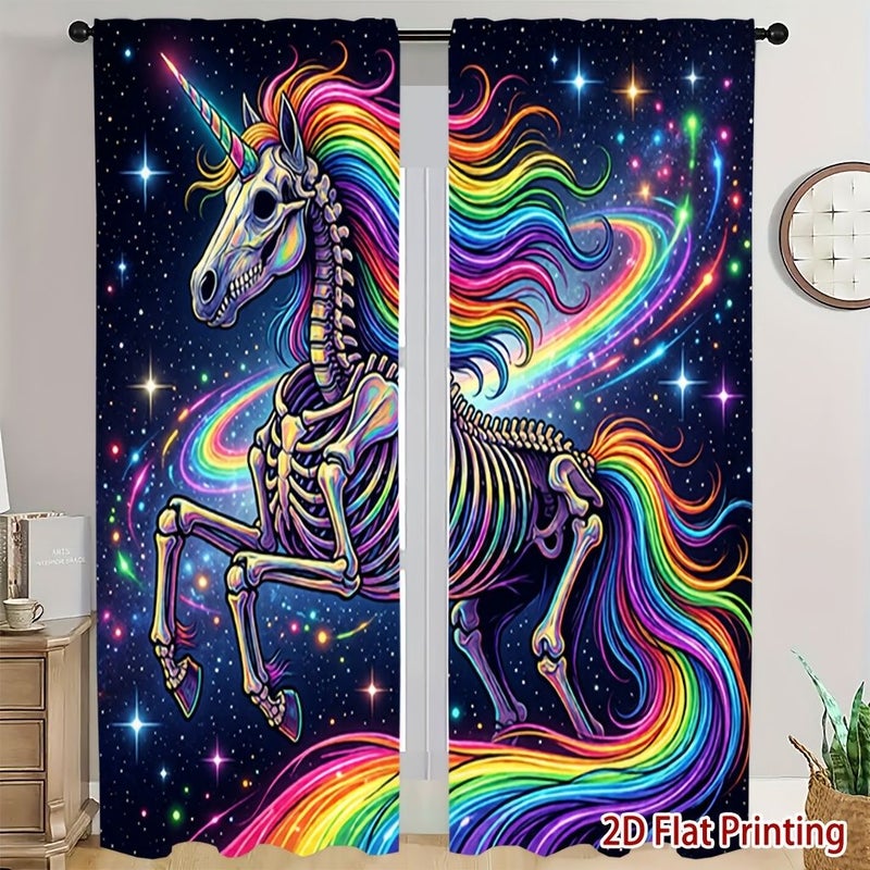 2Pcs Gothic Unicorn Skull Print Blackout Curtains 39 37x82 68in For Living Room Bedroom Room Privacy Window Panels With Rod Pocket Installation Light Filtering Drapes Modern Home Decor - Image 5