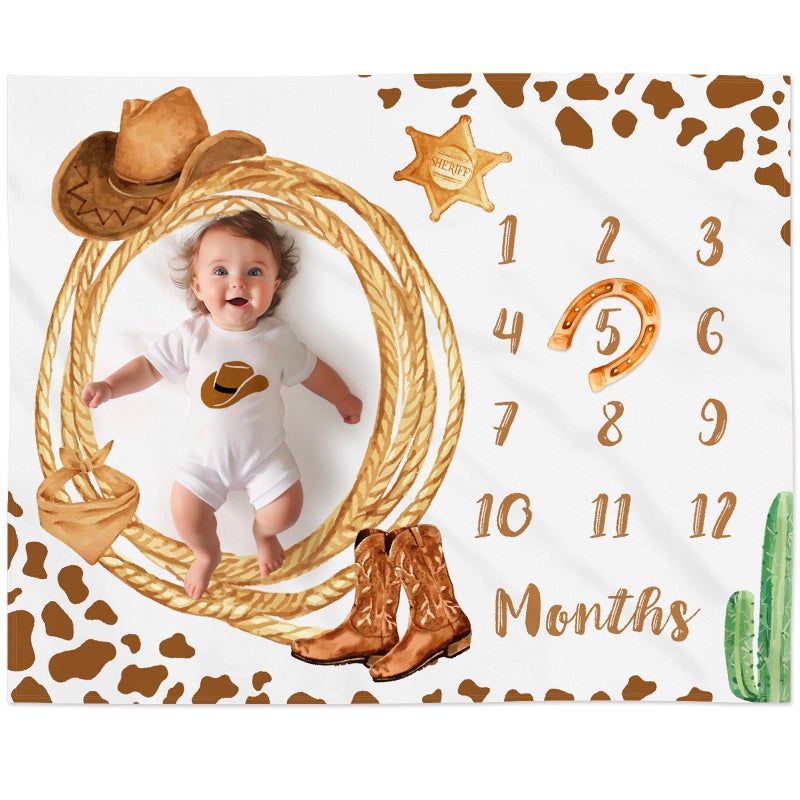 Gicoherero Cowboy Baby Milestone Blanket with Felt Horseshoe Frame Western Theme Cow Print Photo Props My First Rodeo Birthday Party Supplies - Image 1