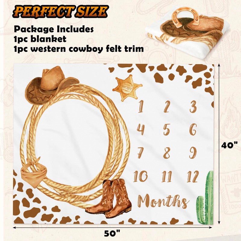Gicoherero Cowboy Baby Milestone Blanket with Felt Horseshoe Frame Western Theme Cow Print Photo Props My First Rodeo Birthday Party Supplies - Image 3