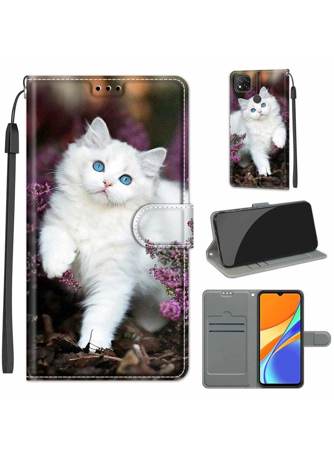 Case Cover For Xiaomi Redmi 9C Voltage Coloured Drawing Magnetic Clasp Horizontal Flip PU Leather Case with Holder & Card Slots C08 Flower Bush Big White Cat