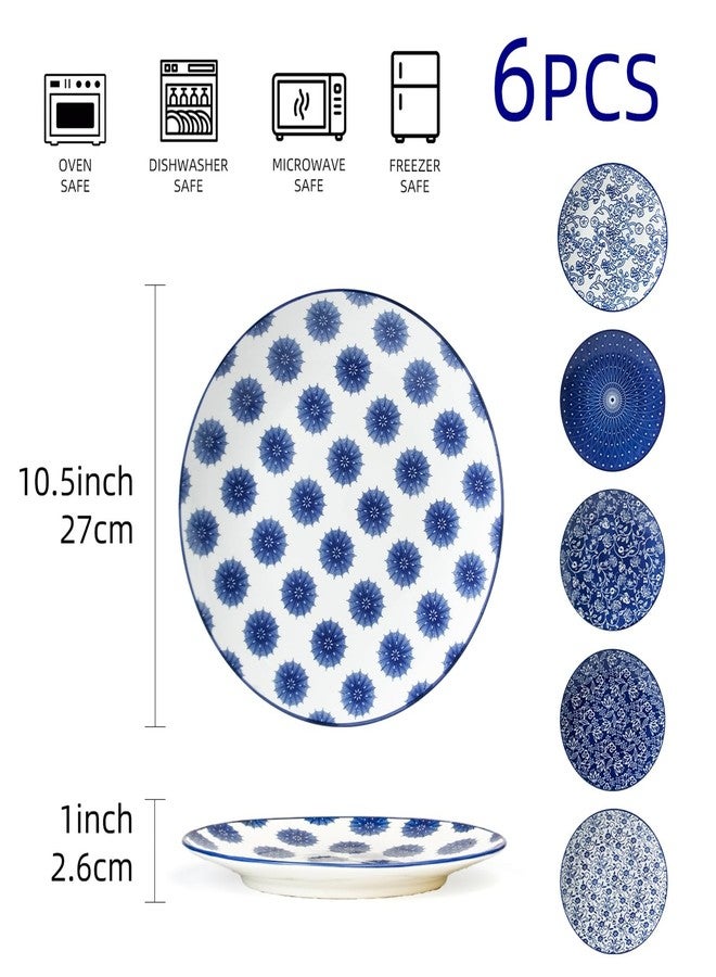 Gibsimi Ceramic Dinner Plates Set - 10.5 Inch Large Kitchen Porcelain Salad Serving - Scratch Resistant Microwave Oven Dishwasher Safe - Dishes for Pizza Pancakes Pasta Steak - Set of 6 - Vintage Blue - Image 4