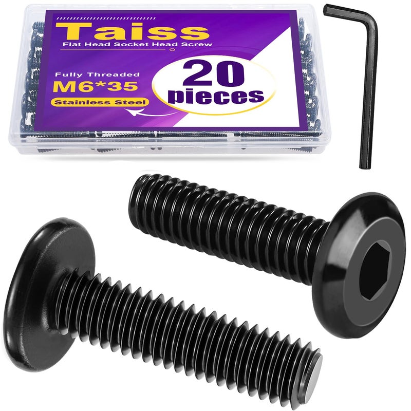 Taiss 20 قطعة براغي رأس مسطح سداسية M6 × 35 مم، مصنوعة من الفولاذ المقاوم للصدأ 304 18-8، براغي أثاث، ملولبة بالكامل، براغي توصيل - Image 1