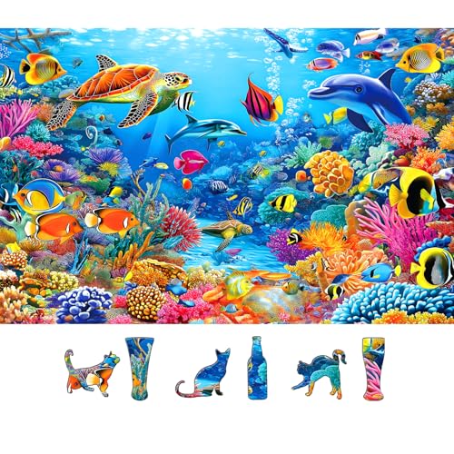 MINIWAN Colorful Tropical Underwater Ocean 500 Piece Jigsaw Puzzle for Adults Sea Turtle Dolphin Coral Reef Fish Jigsaw Puzzle Gift for Ocean Animal Lovers 23x15 inches - Image 1