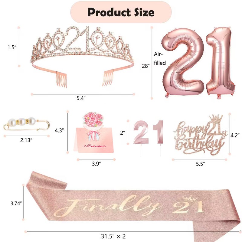 Awfrky 21st Birthday Gifts Decorations for Her, Including 21st Cake Toppers, Birthday Queen Sash with Pearl Pin, Sweet Rhinestone Tiara Crown, Number Candles and Balloons Set, Rose Gold - Image 2