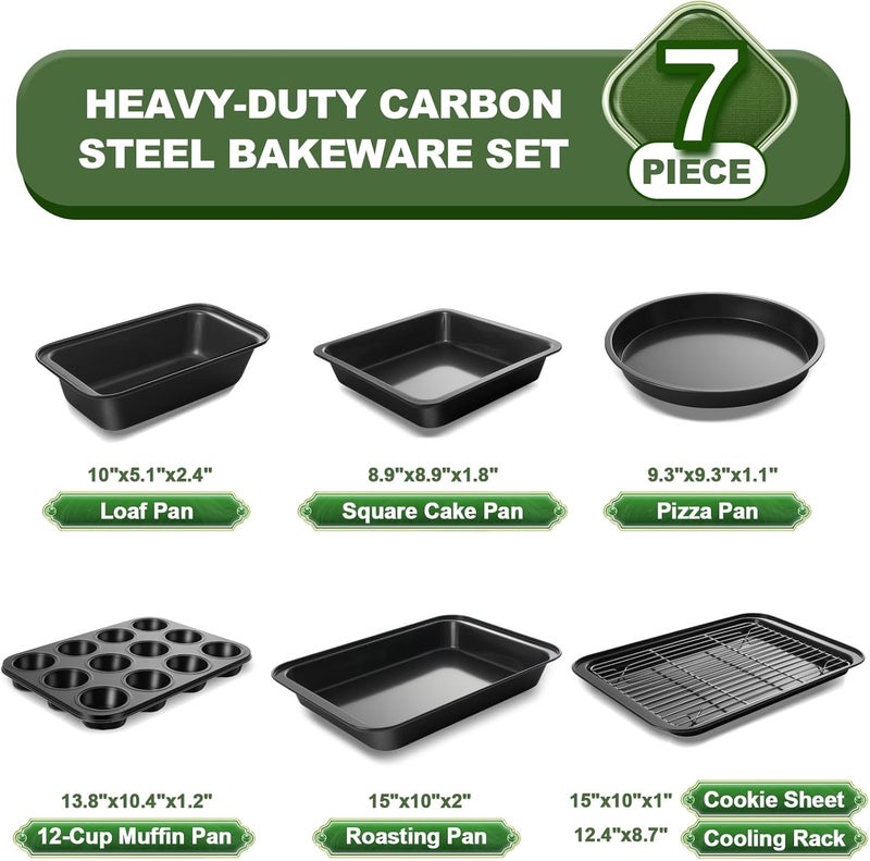 EWFEN Bakeware Sets, Baking Pans Set, Nonstick Oven Pan for Kitchen with Wider Grips, 7-Piece with Round/Square Cake Pan, Loaf Pan, Muffin Pan, Cookie Sheet, Roast Pan, Cooling Rack, Carbon Steel Bake - Image 2