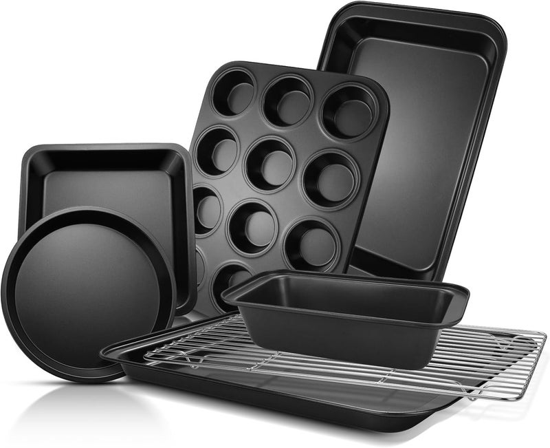 EWFEN Bakeware Sets, Baking Pans Set, Nonstick Oven Pan for Kitchen with Wider Grips, 7-Piece with Round/Square Cake Pan, Loaf Pan, Muffin Pan, Cookie Sheet, Roast Pan, Cooling Rack, Carbon Steel Bake - Image 1