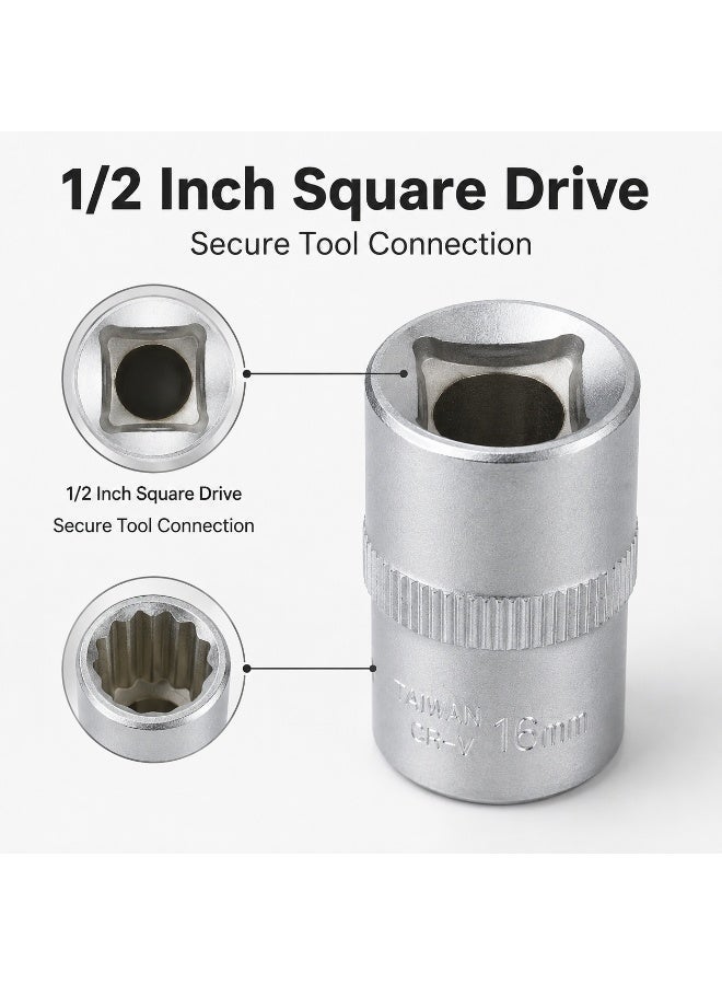 16mm 12 Point Small Socket, 1/2 Inch Square Drive Chrome Vanadium Steel CR-V Socket Wrench Tool for Ratchet, Breaker Bar and Automotive Repair - Image 3