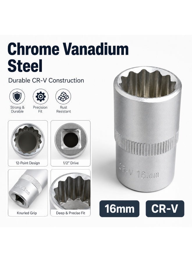 16mm 12 Point Small Socket, 1/2 Inch Square Drive Chrome Vanadium Steel CR-V Socket Wrench Tool for Ratchet, Breaker Bar and Automotive Repair - Image 5