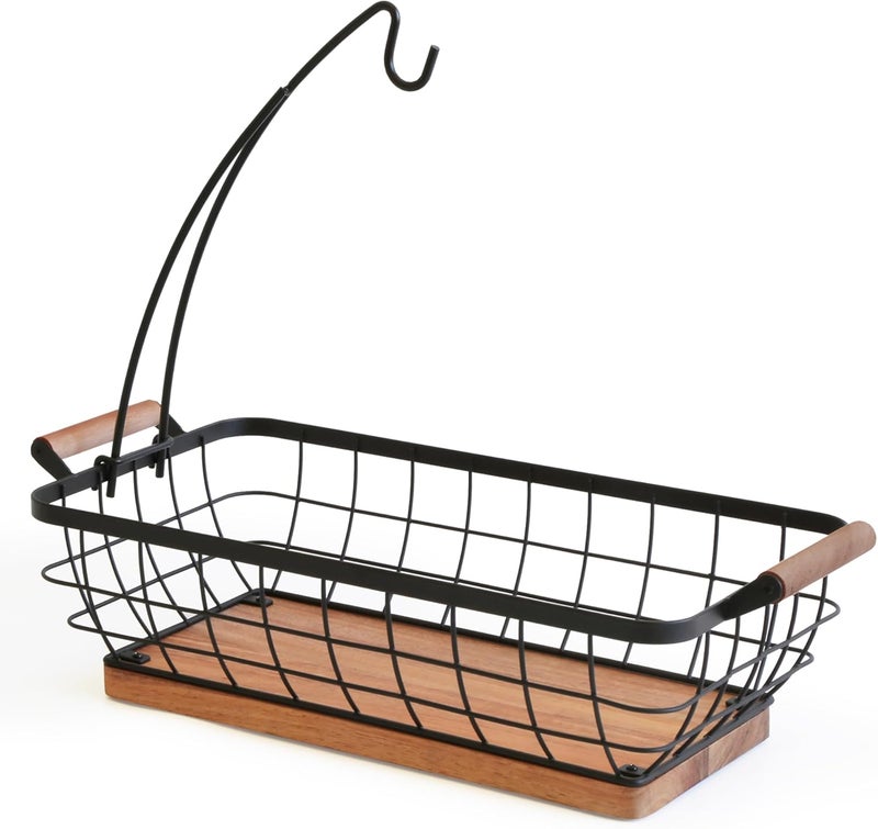 WILDMOS Rectangular Fruit Basket with Banana HangerMetal Wire Fruits Bowl with Wooden BaseKitchen Table OrganizerBlack Fruit Bowl for Kitchen CounterVegetable Bowls for Fruits Veggies Snacks - Image 1