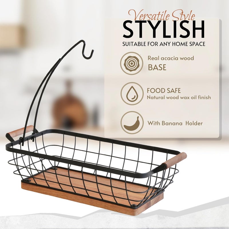 WILDMOS Rectangular Fruit Basket with Banana HangerMetal Wire Fruits Bowl with Wooden BaseKitchen Table OrganizerBlack Fruit Bowl for Kitchen CounterVegetable Bowls for Fruits Veggies Snacks - Image 3
