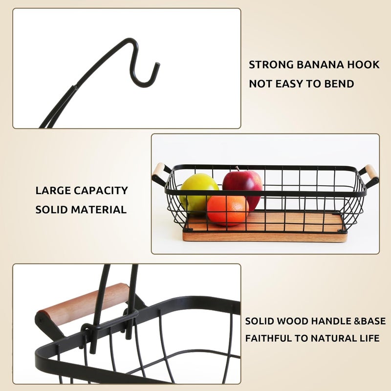 WILDMOS Rectangular Fruit Basket with Banana HangerMetal Wire Fruits Bowl with Wooden BaseKitchen Table OrganizerBlack Fruit Bowl for Kitchen CounterVegetable Bowls for Fruits Veggies Snacks - Image 5