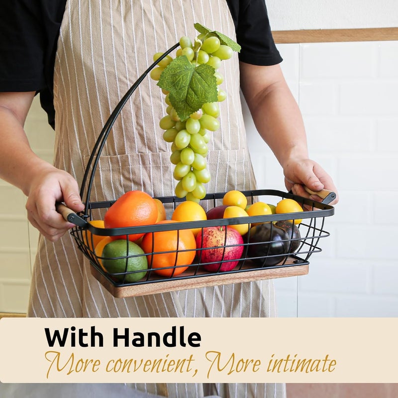 WILDMOS Rectangular Fruit Basket with Banana HangerMetal Wire Fruits Bowl with Wooden BaseKitchen Table OrganizerBlack Fruit Bowl for Kitchen CounterVegetable Bowls for Fruits Veggies Snacks - Image 2