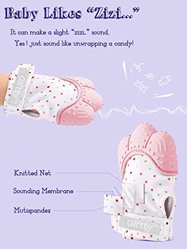 Giftty Baby Teething Mitten, Self-Soothing Teether Glove, Pain Relief Silicone Mitt, Double Breathable, Stay on Baby's Hand, Unisex for Babies 3-12 Months(2 Pink Mittens) - Image 2