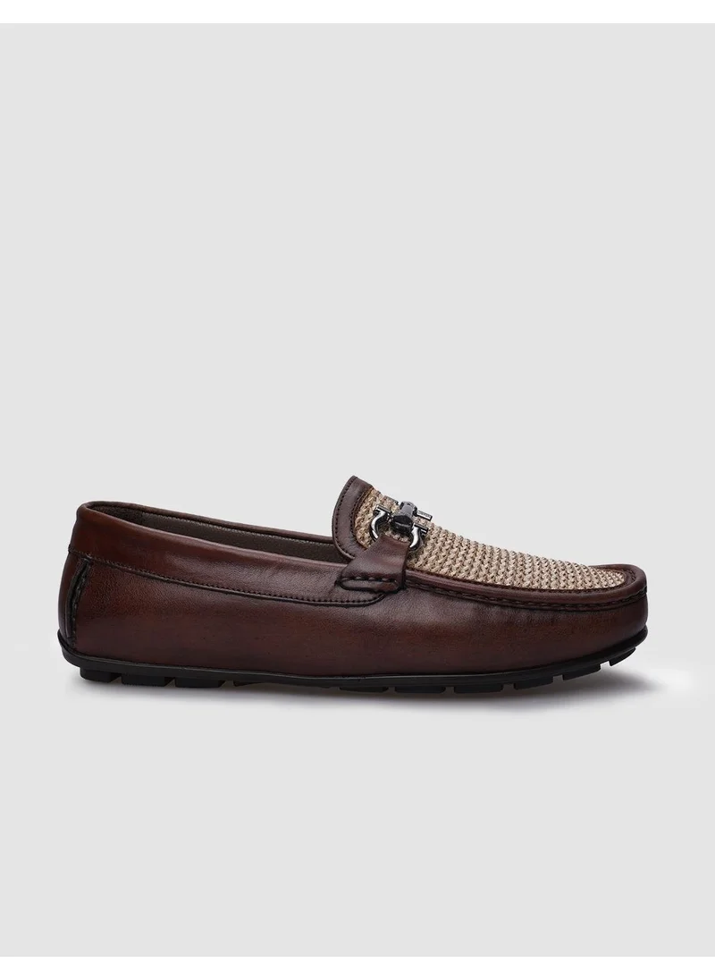 كاباني Leather Brown Knit Detailed Men's Loafer