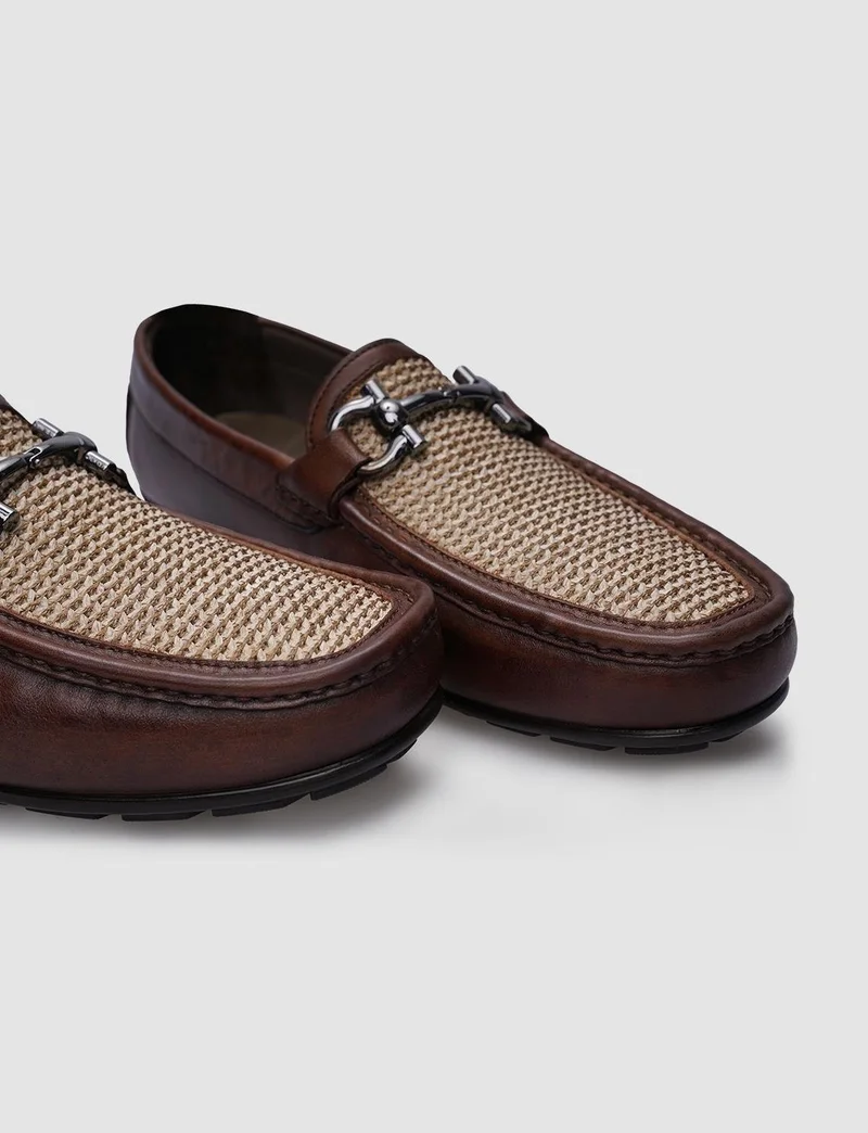 Cabani Leather Brown Knit Detailed Men's Loafer