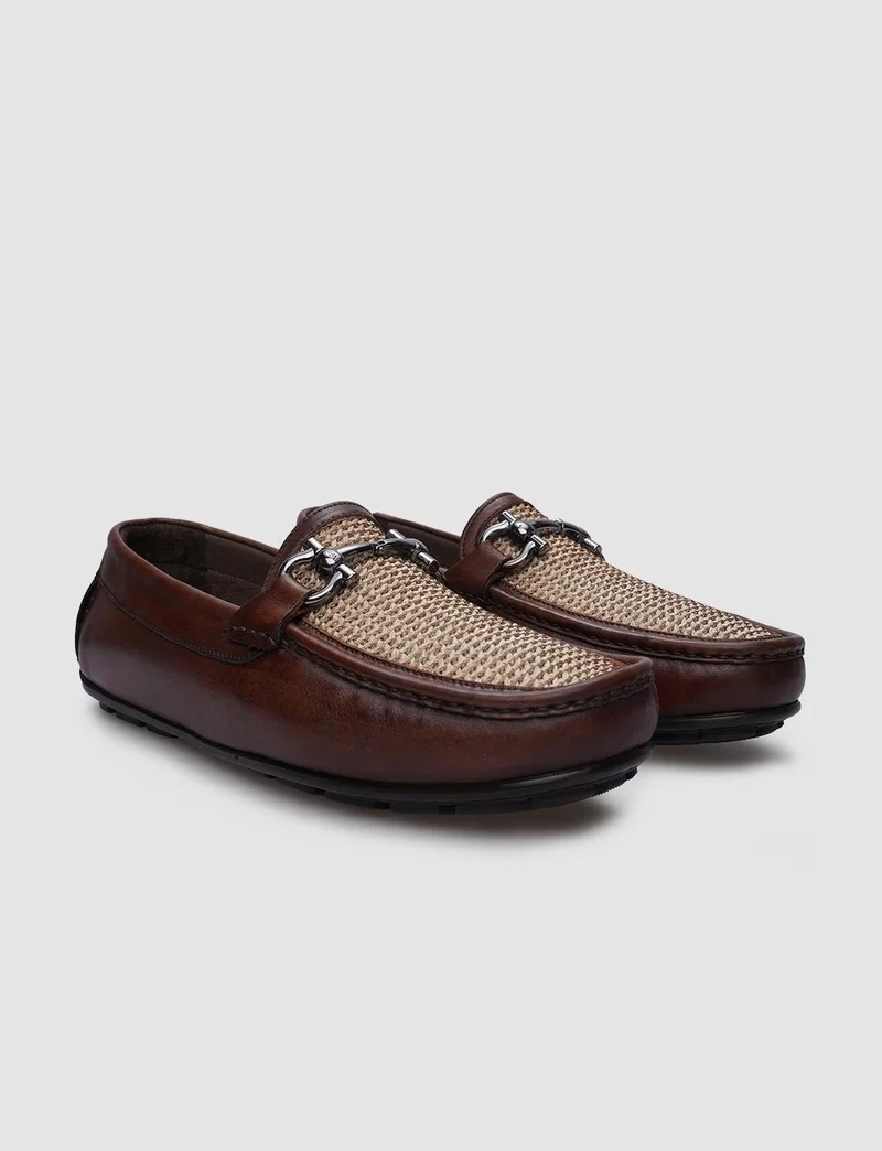 Cabani Leather Brown Knit Detailed Men's Loafer
