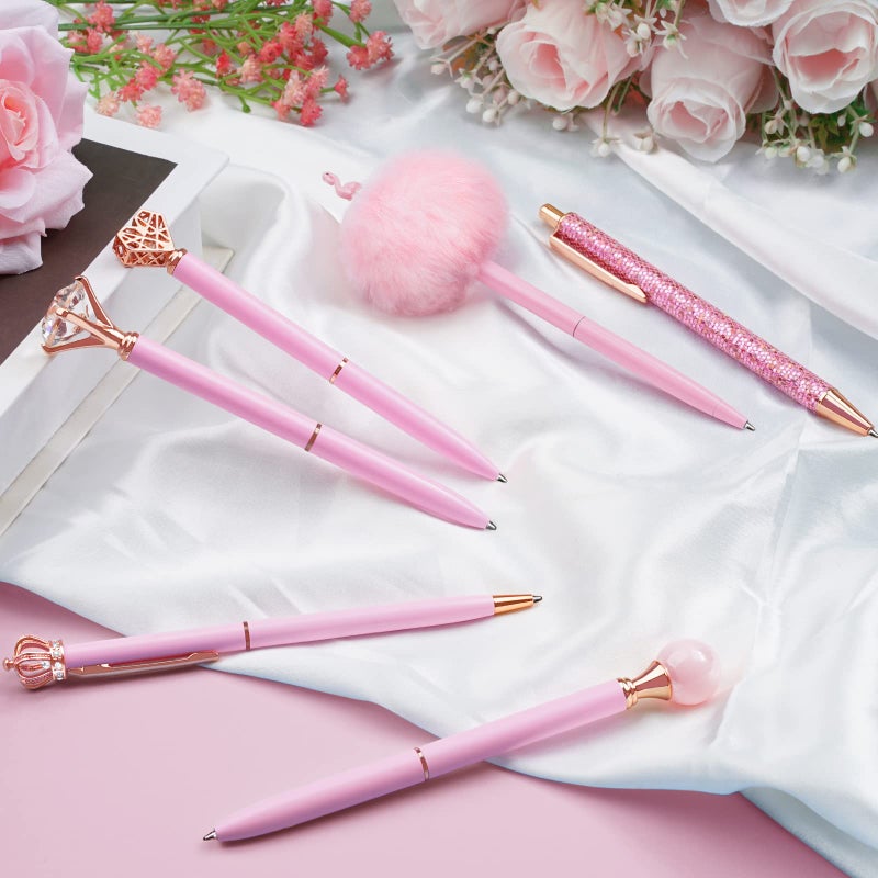 WEMATE 8Pcs Ballpoint Pens Set Metal Crystal Diamond Glitter for Journaling Pink Pen Bling in Black & Blue Ink Pretty Cute Fancy Mothers Day Gift for Women Wedding School Office Desk(Pink) - Image 3
