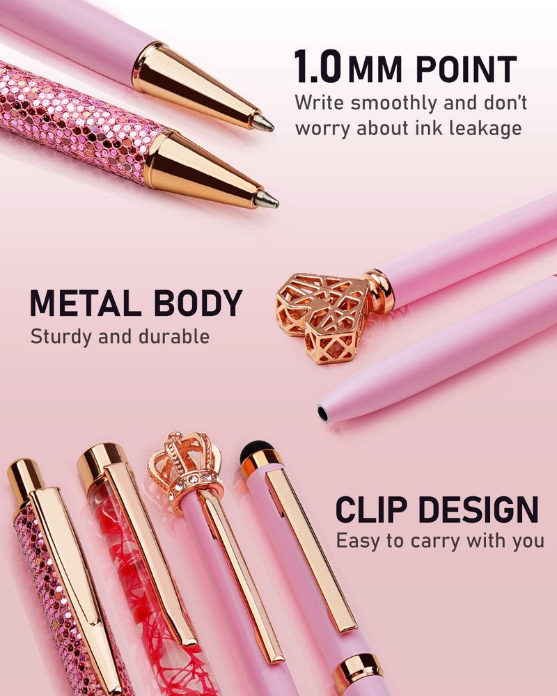 WEMATE 8Pcs Ballpoint Pens Set Metal Crystal Diamond Glitter for Journaling Pink Pen Bling in Black & Blue Ink Pretty Cute Fancy Mothers Day Gift for Women Wedding School Office Desk(Pink) - Image 5