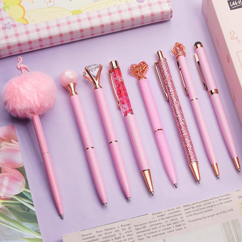WEMATE 8Pcs Ballpoint Pens Set Metal Crystal Diamond Glitter for Journaling Pink Pen Bling in Black & Blue Ink Pretty Cute Fancy Mothers Day Gift for Women Wedding School Office Desk(Pink) - Image 1