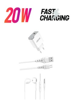 Combo Aspor A825 20W PD Fast Charger + Aspor A101 1M Lightning 3A Cable + Aspor Earphone A219 Handset 3.5mm Classic in-Ear Wired Handsfree with Mic