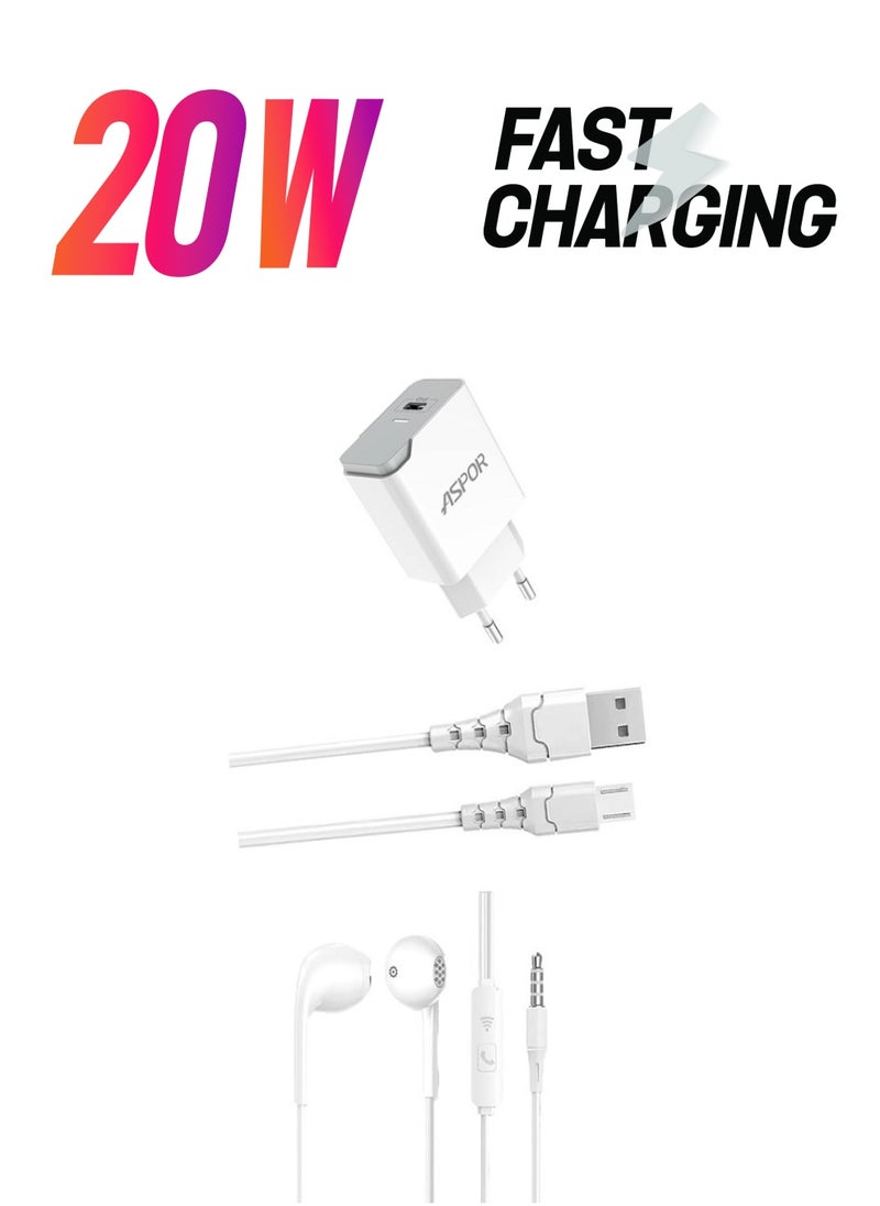 Aspor - Combo Aspor A825 20W PD Fast Charger + Aspor A101 1M Lightning 3A Cable + Aspor Earphone A219 Handset 3.5mm Classic in-Ear Wired Handsfree with Mic - Image 1