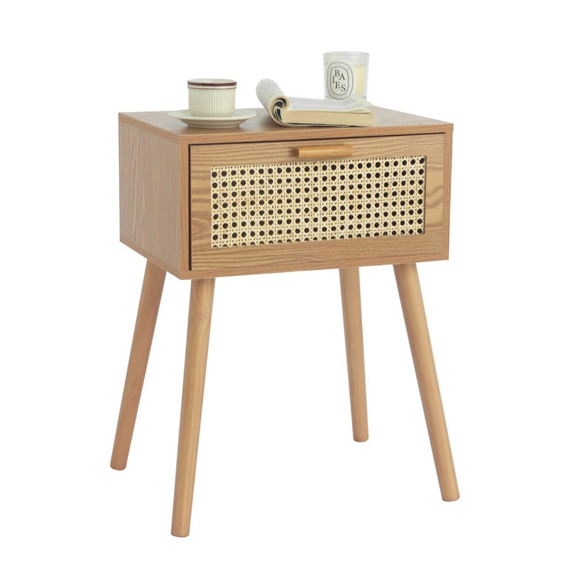 AWASEN Mid Century Nightstand Rattan Side Table with Drawer Modern Bedside Table with Storage and Solid Wood Legs for Living Room Bedroom and Small Space Brown