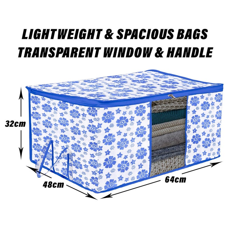 Kuber Industries Underbed Storage Bag Clothes Storage Organizer Blanket Cover with Clear Window Zipper Closure Handle Cloth Organizer FlowerDesign Large Pack of 6 Blue - Image 3