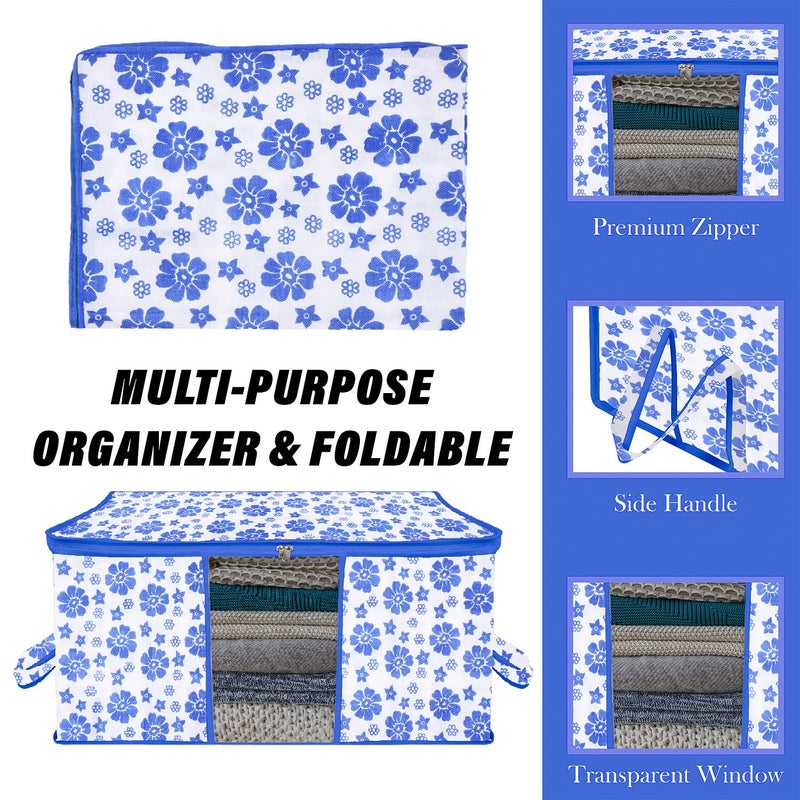 Kuber Industries Underbed Storage Bag Clothes Storage Organizer Blanket Cover with Clear Window Zipper Closure Handle Cloth Organizer FlowerDesign Large Pack of 6 Blue - Image 4