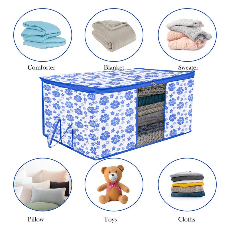 Kuber Industries Underbed Storage Bag Clothes Storage Organizer Blanket Cover with Clear Window Zipper Closure Handle Cloth Organizer FlowerDesign Large Pack of 6 Blue - Image 5