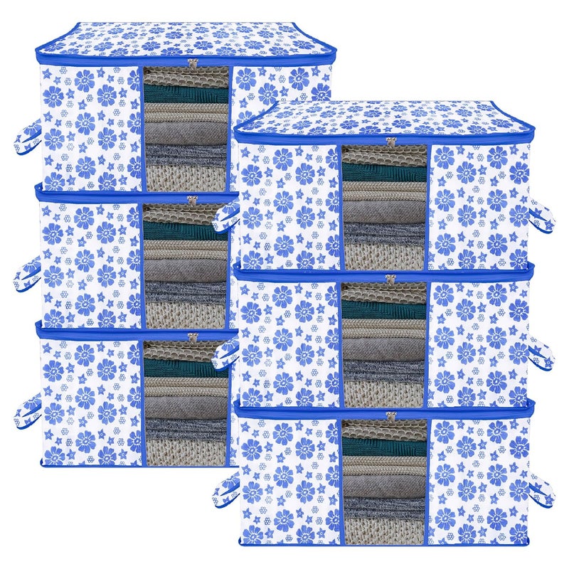 Kuber Industries Underbed Storage Bag Clothes Storage Organizer Blanket Cover with Clear Window Zipper Closure Handle Cloth Organizer FlowerDesign Large Pack of 6 Blue - Image 1
