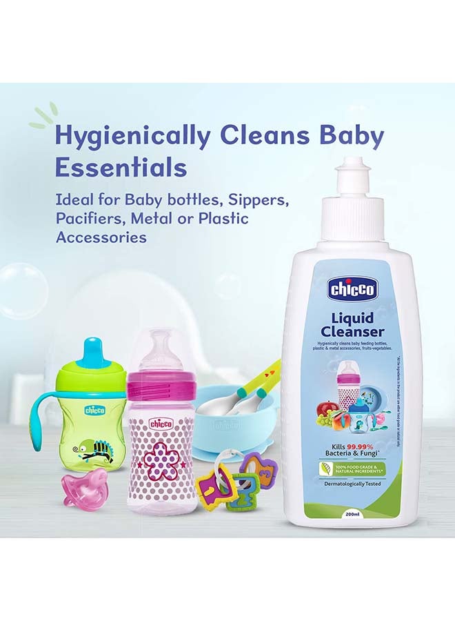 Chicco منظف سائل 200 مل زجاجة لغسل زجاجات الأطفال، 100% مكونات غذائية طبيعية، يقضي على 99.99% من الجراثيم، مضاد للبكتيريا والفطريات، ينظف زجاجات تغذية الأطفال، الحلمات، أكواب الشرب. - Image 2