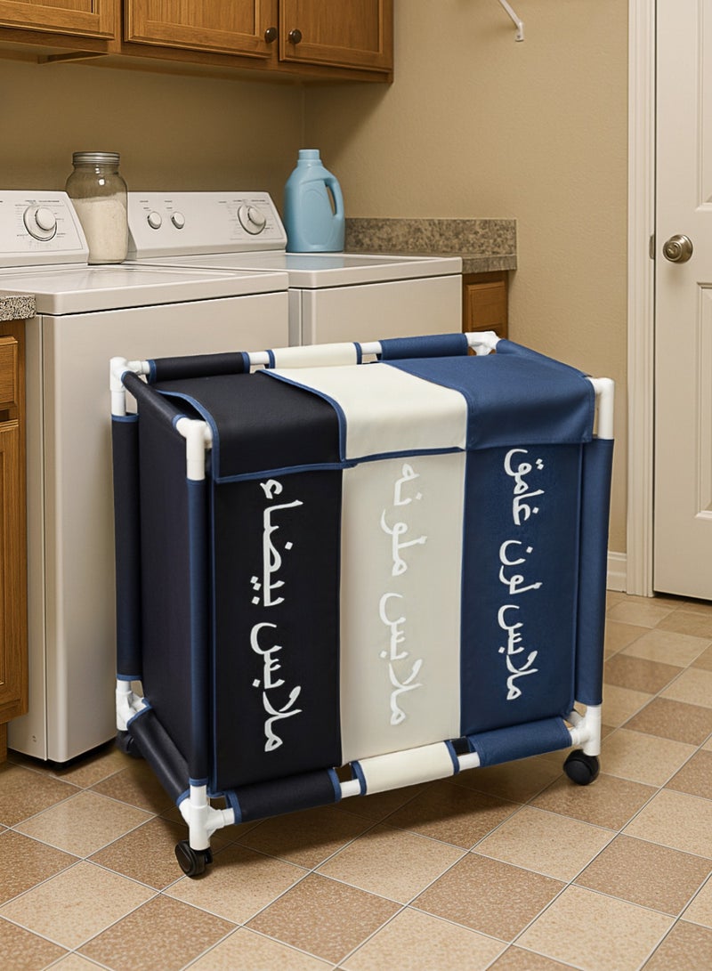 3-Section Laundry Basket with Wheels Black/White/Blue - Image 3