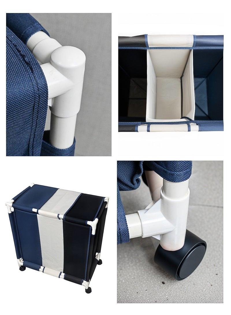3-Section Laundry Basket with Wheels Black/White/Blue - Image 5