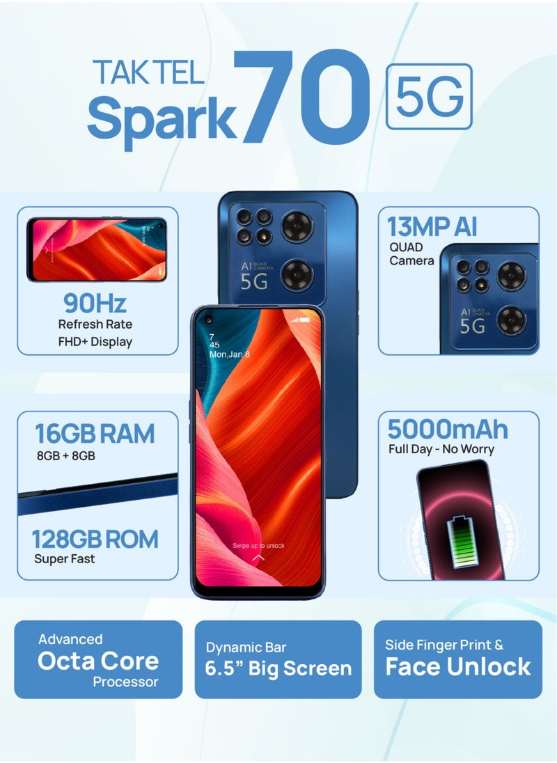 تا كتيل هاتف Spark 70 5G الذكي، كاميرا رباعية النواة بدقة 13 ميجابكسل تعمل بالذكاء الاصطناعي، فتح القفل بالوجه، ذاكرة الوصول العشوائي 16 جيجابايت - تخزين 128 جيجابايت، شاشة FHD + 90 هرتز (أزرق)  - Image 3