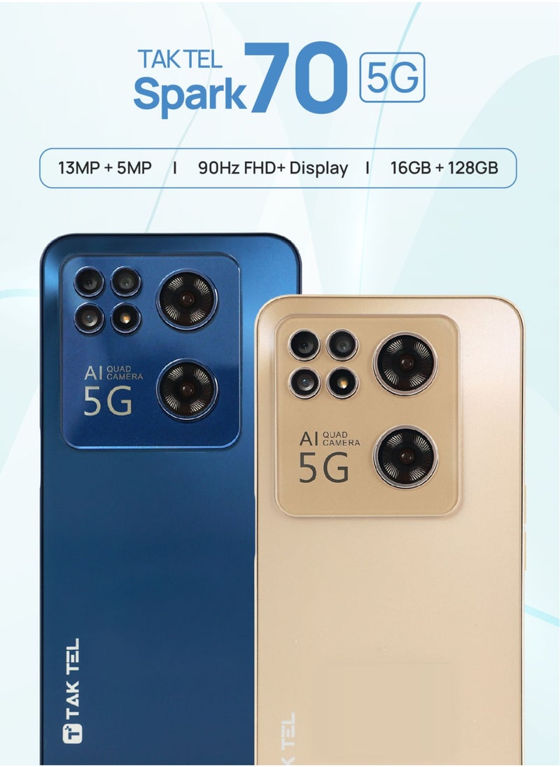 تا كتيل - هاتف Spark 70 5G الذكي، كاميرا رباعية النواة بدقة 13 ميجابكسل تعمل بالذكاء الاصطناعي، فتح القفل بالوجه، ذاكرة الوصول العشوائي 16 جيجابايت - تخزين 128 جيجابايت، شاشة FHD + 90 هرتز (أزرق) - Image 1