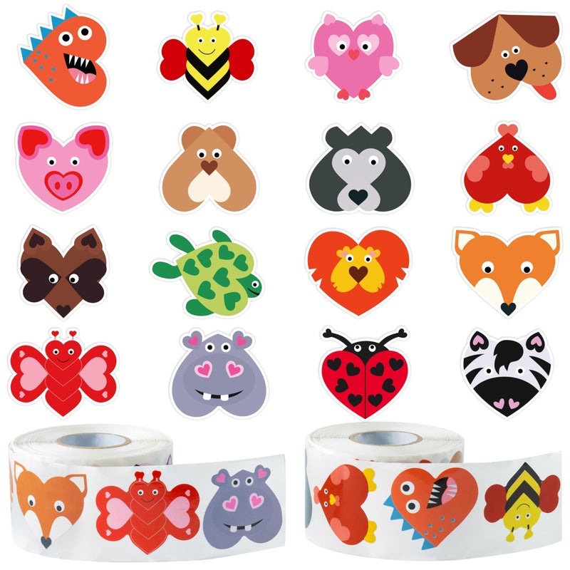 W1cwey Valentineâ€™s Self-Adhesive Stickers Rolls - 1000pcs Animal Heart-Shaped Sticker(2 Rolls)16 Design Valentineâ€™s Day Cute Animal Gift Wrapping Kid Cartoon Bee Owl Pig Zebra Scrapbook Giftwrap Decor - Image 1