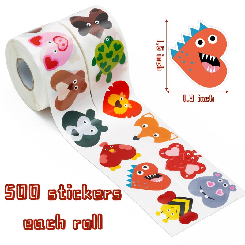W1cwey Valentineâ€™s Self-Adhesive Stickers Rolls - 1000pcs Animal Heart-Shaped Sticker(2 Rolls)16 Design Valentineâ€™s Day Cute Animal Gift Wrapping Kid Cartoon Bee Owl Pig Zebra Scrapbook Giftwrap Decor - Image 2