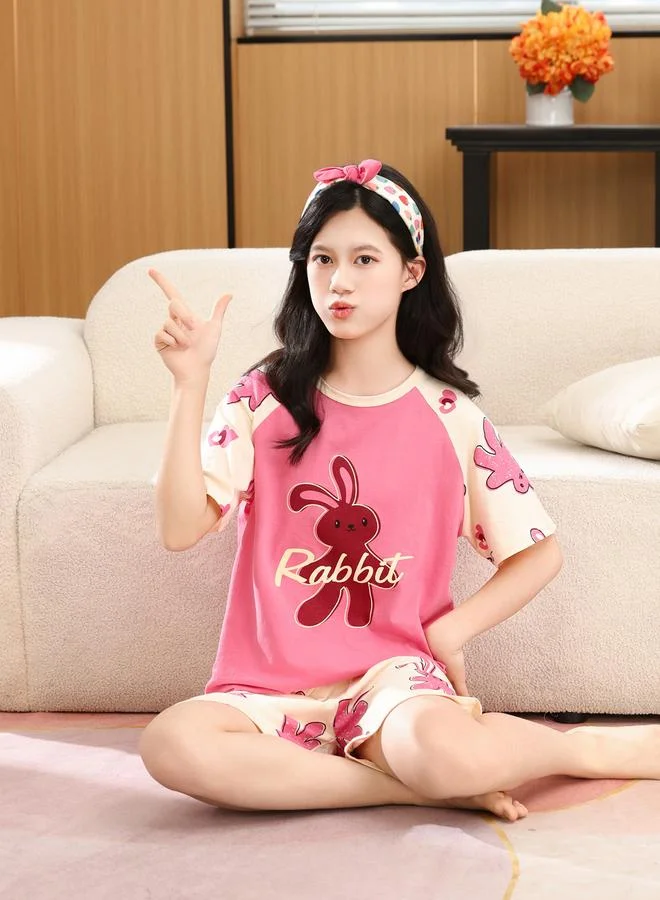 Take Two Girls Dark Pink Cotton Knitted Bunny Print Short Sleeve Pyjama Set