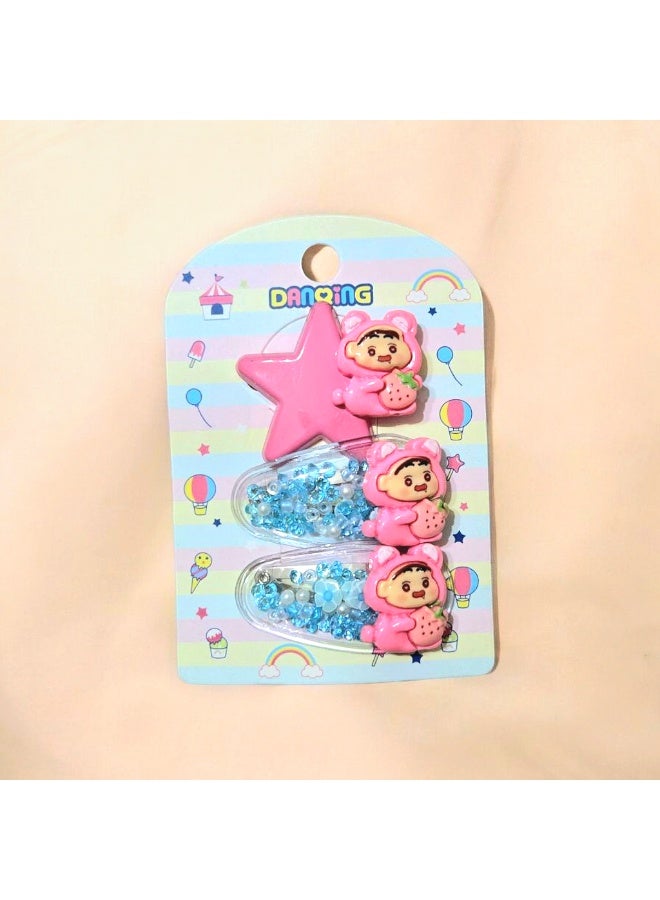 مجموعة من ٣ كلبس للشعر / وردي * ازرق - Image 1