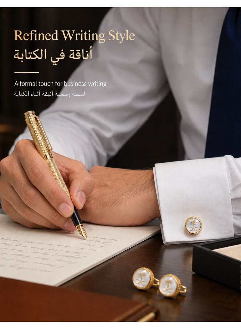 فوريكاسا طقم هدايا رجالي فاخر - أزرار أكمام نحاس مطلي بالذهب بشعار المملكة وقلم ذهبي أنيق في صندوق هدايا من الجلد (PU) - Image 4