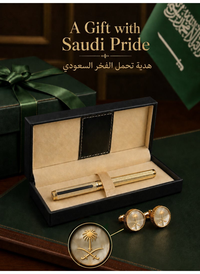فوريكاسا طقم هدايا رجالي فاخر - أزرار أكمام نحاس مطلي بالذهب بشعار المملكة وقلم ذهبي أنيق في صندوق هدايا من الجلد (PU) - Image 1