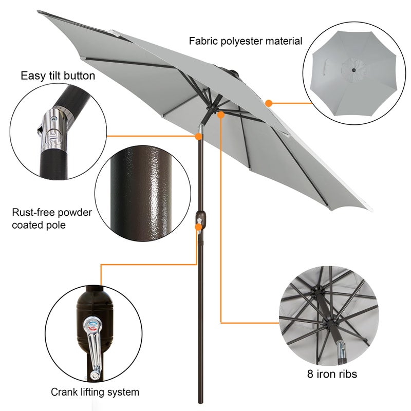 Blissun 9' Outdoor Patio Umbrella, Outdoor Table Umbrella, Yard Umbrella, Market Umbrella with 8 Sturdy Ribs, Push Button Tilt and Crank (Grey) - Image 2