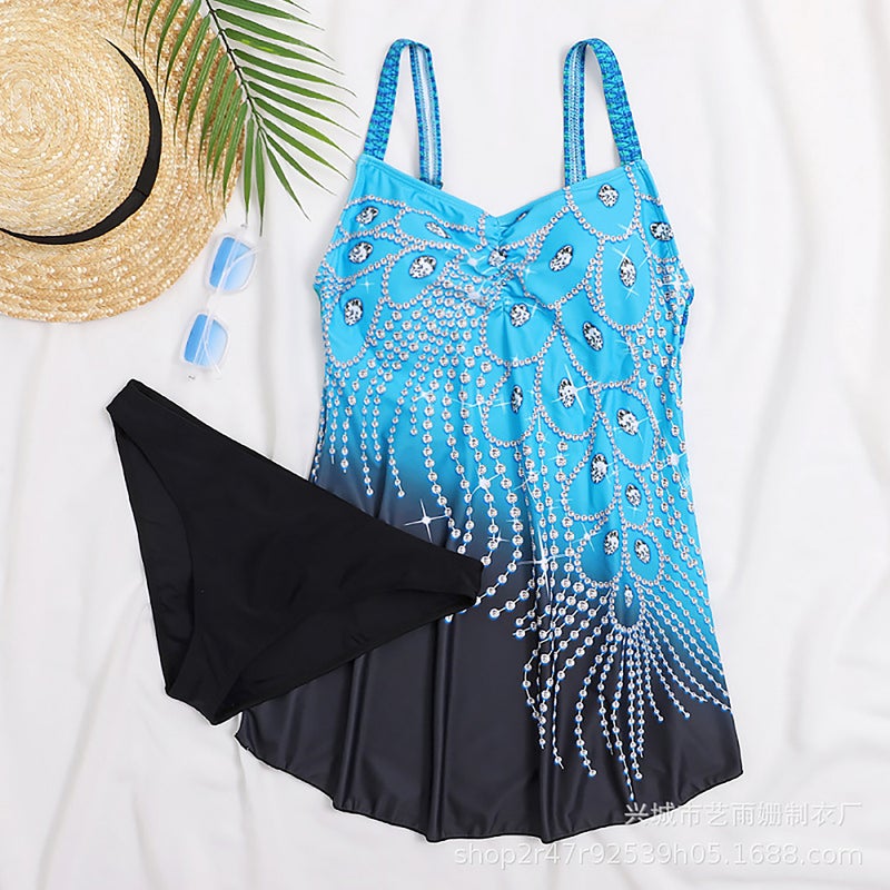 2021 swimsuit plus size swimsuit women's phoenix print skirt split swimsuit swimsuit source manufacturers sky blue XXXL - Image 5