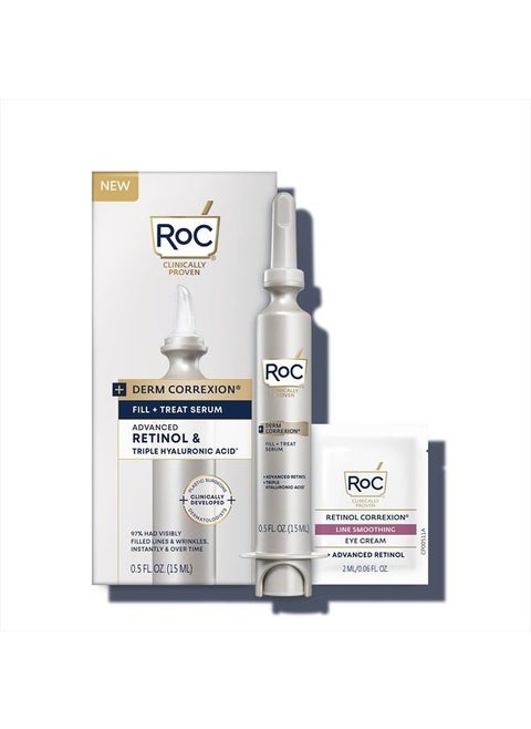 Derm Correxion Fill + Treat Advanced Retinol Serum, Wrinkle Filler Treatment with Hyaluronic Acid for Forehead Wrinkles, Crow's Feet, Eleven Wrinkles, and Laugh Lines, 15ml