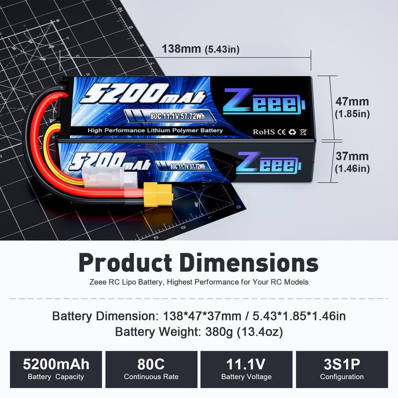 Zeee 3S Lipo Battery 5200mAh 11.1V 80C with XT60 Connector Hard Case Battery for RC Car Truck Tank Boat RC Plane Airplane Quadcopter Helicopter (2 Pack) - Image 2