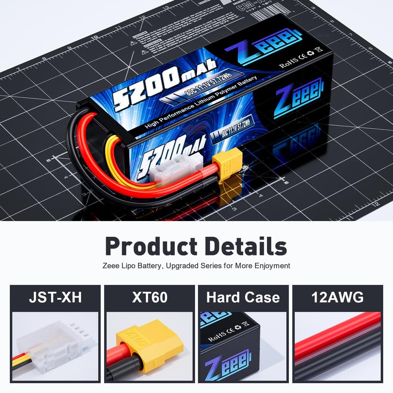 Zeee 3S Lipo Battery 5200mAh 11.1V 80C with XT60 Connector Hard Case Battery for RC Car Truck Tank Boat RC Plane Airplane Quadcopter Helicopter (2 Pack) - Image 3