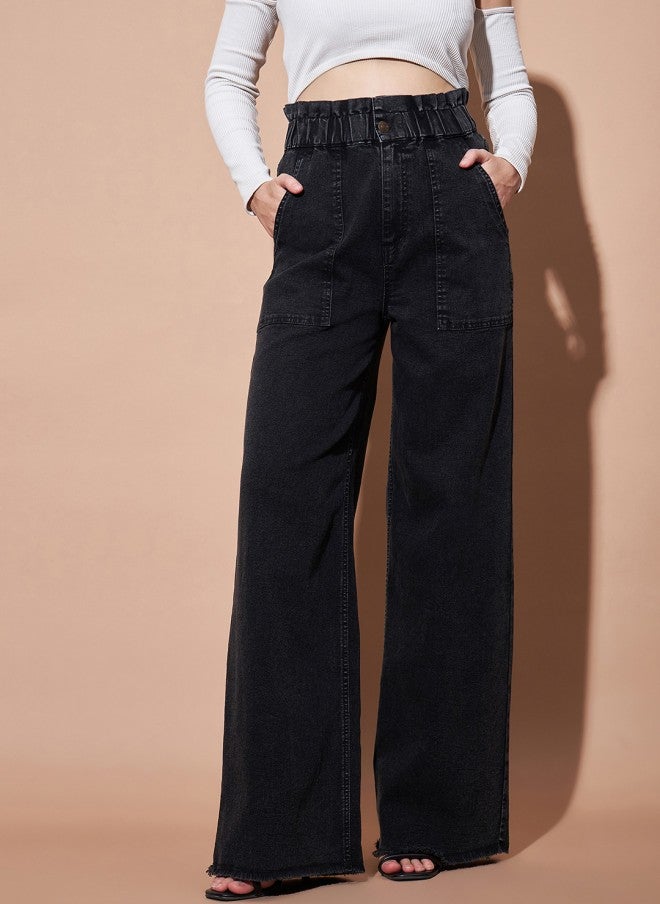 SASSAFRAS High-Rise Black Straight Fit Jeans for Women - Image 1