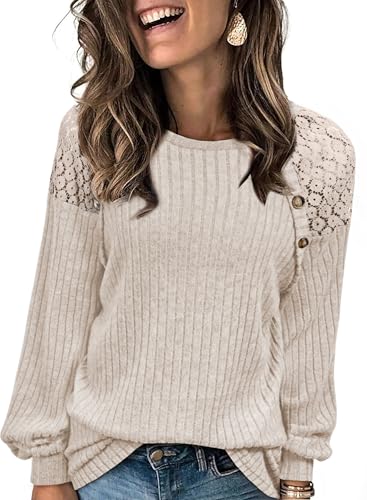 Acelitt Fall Winter Ribbed Knit Shirts for Women 2025 Trendy Casual Long Sleeve Lace Patchwork Tunic Tops Decorative Buttons Pullover Sweaters Apricot M - Image 2