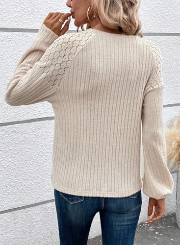 Acelitt Fall Winter Ribbed Knit Shirts for Women 2025 Trendy Casual Long Sleeve Lace Patchwork Tunic Tops Decorative Buttons Pullover Sweaters Apricot M - Image 3